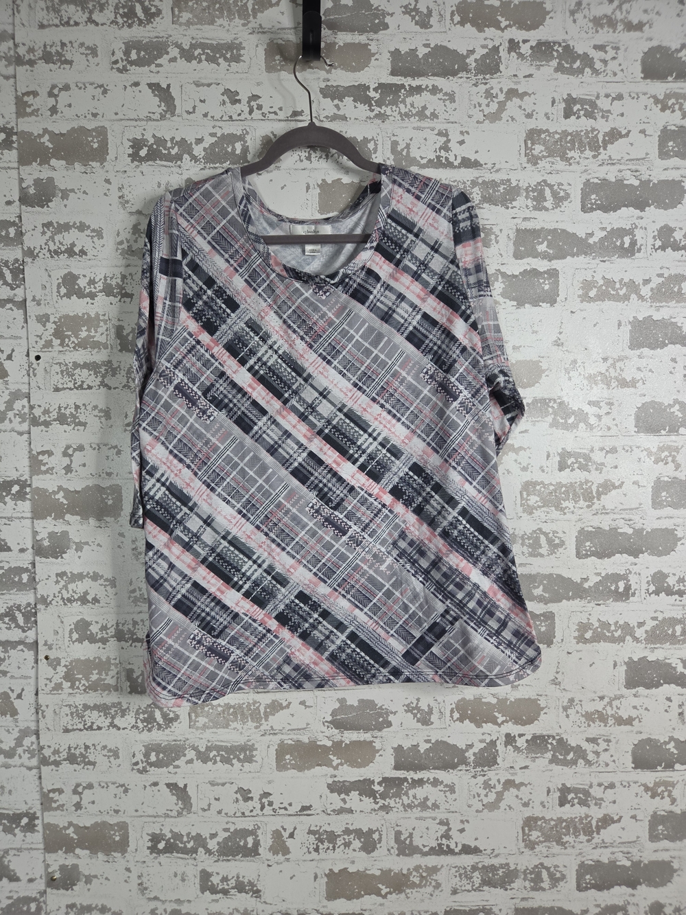 CJ Banks 1X. Geometric Boho Plaid Knit Pullover Blouse 3/4 Sleeve